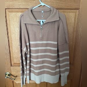 Saukole Taupe and Cream Striped Half-Zip Sweater